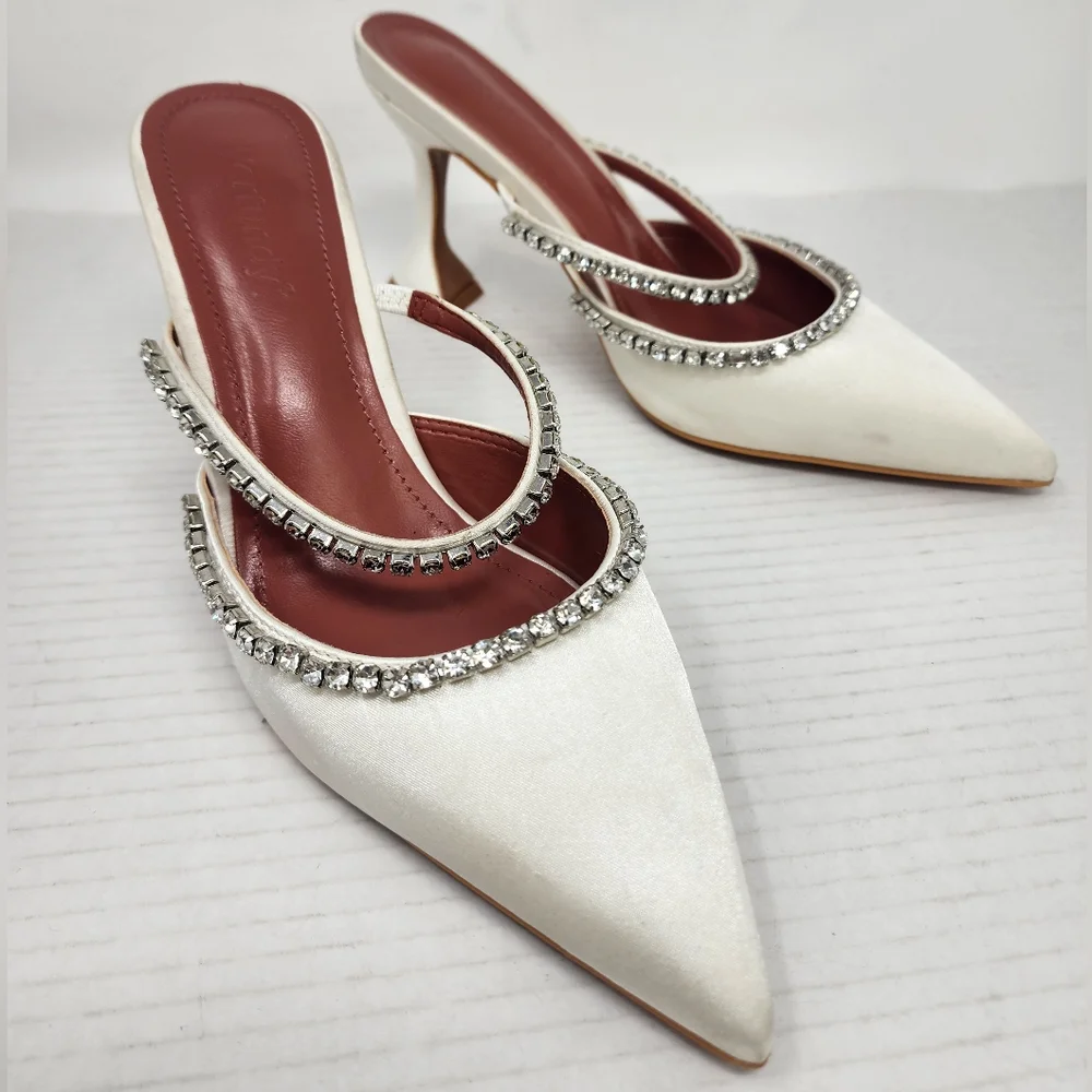 New‎ White Satin Rhinestone Heels Elegant  Mule Stiletto Pumps Wedding Party 7.5 - Picture 2 of 9